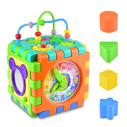 Alcoon Activity Cube 6 in 1 Multipurpose Play Center for Kids Toddlers Busy Learner Cube with Shapes Maze Music Gears Clock Educational Game Toys