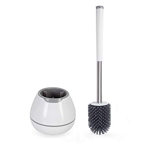 Book Cover BOOMJOY Toilet Brush and Holder Set, Silicone Bristles Bathroom Cleaning Bowl Brush Kit with Tweezers, Bathroom Accessories with Aluminum Handle - White