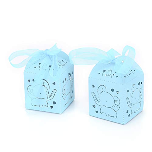 ALLHEARTDESIRES 50 Pack Baby Blue Elephant Boy Baby Shower Decoration Laser Cut Paper Party Treat Box Wedding Royal Prince Boy Birthday Gifts Wrapping Candy Buffet Table Centerpieces