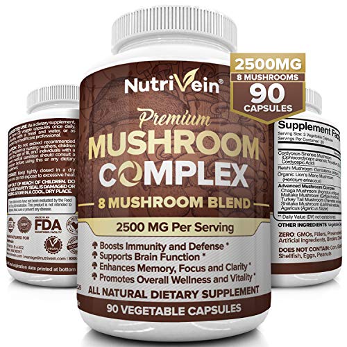 Nutrivein Mushroom Supplement 2500mg - 90 Capsules - 8 Organic Mushrooms - Lions Mane, Cordyceps, Chaga, Reishi, Turkey Tail, Maitake, Shiitake, Agaricus - Immune System & Nootropic Brain Complex
