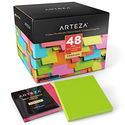 Book Cover ARTEZA 3x3 Inches Sticky Notes, 48 Pads, 100 Sheets Per Pad, Bulk Pack, Assorted Colors, Re-Adhesive, Clean Removal, for Reminders, Studying, Office, School, and Home