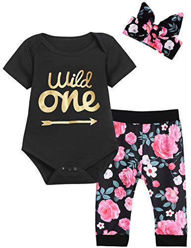 Baby Girls First Birthday Outfit Set Wild One Short Sleeve Bodysuit with Headband (12-18 Months, Black Short)