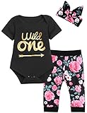 Baby Girls Floral Outfit Set Wild One 3Pcs Vest Skirt with Headband (12-18 Months, Black Short)