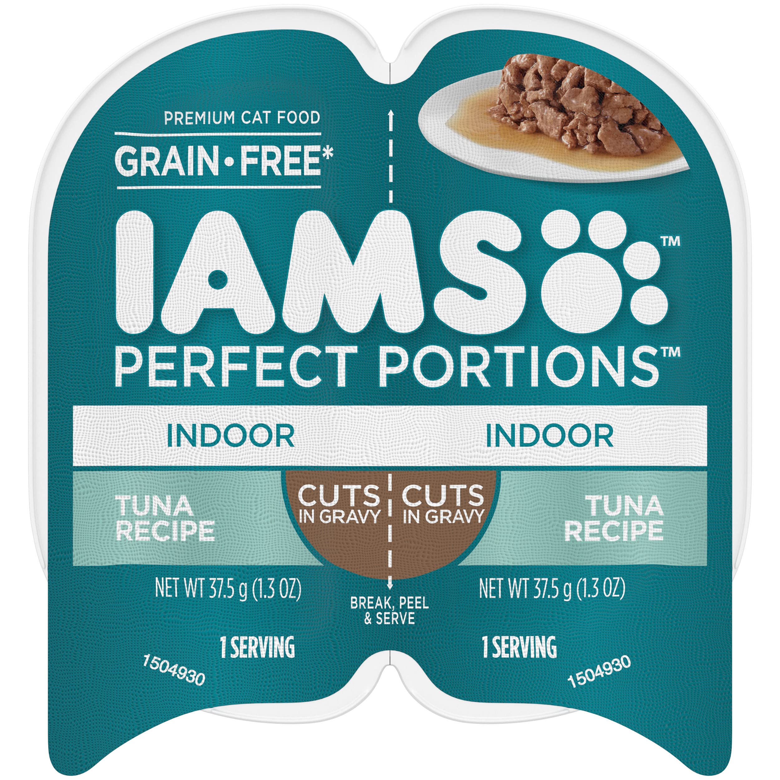 IAMS PERFECT PORTIONS Indoor Adult Grain Free* Wet Cat Food Cuts in Gravy, Tuna Recipe, (24) 2.6 oz. Easy Peel Twin-Pack Trays Cuts in Gravy Indoor Tuna 1.3 Ounce (Pack of 48)