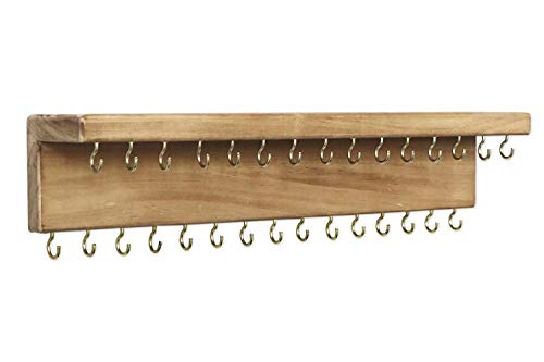 SANY DAYO HOME Jewelry Organizer with 30 Hooks and Cosmetics Shelf, 15 x 3 x 4 inches Wall Mounted Rustic Pine Wood Holder for Necklaces and Bracelets, Suitable for Kids and Adults