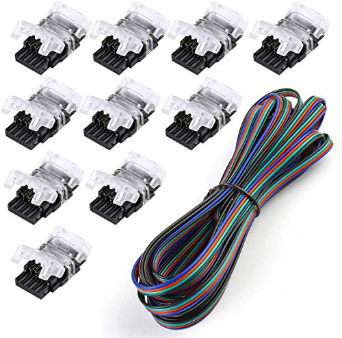SUPERNIGHT 10 Pack 4 Pin LED Connector for Waterproof 10mm RGB 5050 LED Strip Lights, Strip to Wire Quick Connection Without Stripping, Include UL Listed 16.4ft 22 Gauge 4 Conductor Extension Cable