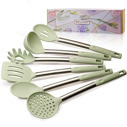REMIHOF Silicone Kitchen Utensil Set - Nonstick Silicone and Stainless Steel Cooking Utensils - Spatula Turner Ladle Pasta Server - Best Culinary Gift Set (6pcs, Green)