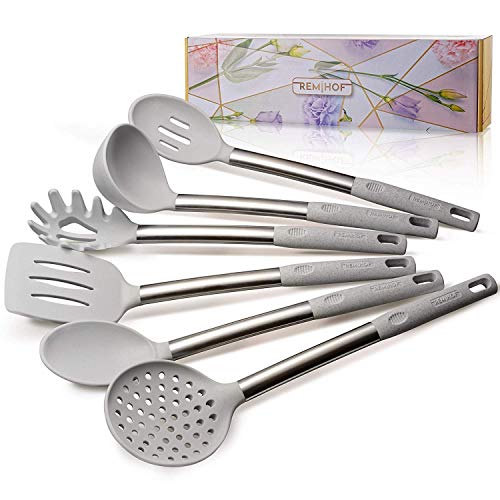 REMIHOF Kitchen Utensil Set - 6 Piece Nonstick Silicone and Stainless Steel Cooking Utensils & Spatulas - Spatula Turner Ladle Pasta Server - Best Kitchen Tool Set Gift