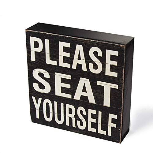 Yankario Farmhouse Funny Bathroom Signs Decor, Classic Wooden Box Sign 6" Square, Black/White Please Seat Yourself