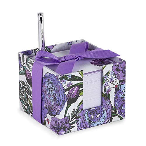 Vera Bradley Purple Floral Note Cube with 400 Blank Sheets and Black Ink Pen, Cute Paper Holder for Desk, Lavender Meadow