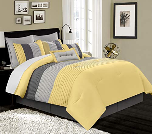 Book Cover Chezmoi Collection 8-Piece Luxury Striped Comforter Set (Queen, Yellow/Gray/Paloma)