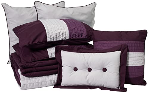 Book Cover 8-Piece Luxury Striped Comforter Set (Queen, Purple/Lavender/Gray)