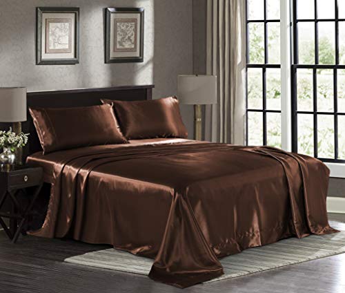 Book Cover Satin Sheets California King [4-Piece, Brown] Luxury Silky Bed Sheets - Extra Soft 1800 Microfiber Sheet Set, Wrinkle, Fade, Stain Resistant - Deep Pocket Fitted Sheet, Flat Sheet, Pillow Cases