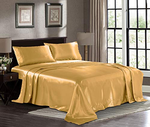 Book Cover Satin Sheets King [4-Piece, Gold] Hotel Luxury Silky Bed Sheets - Extra Soft 1800 Microfiber Sheet Set, Wrinkle, Fade, Stain Resistant - Deep Pocket Fitted Sheet, Flat Sheet, Pillow Cases