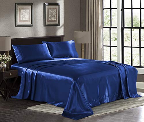Satin Sheets King [4-Piece, Navy] Hotel Luxury Silky Bed Sheets - Extra Soft 1800 Microfiber Sheet Set, Wrinkle, Fade, Stain Resistant - Deep Pocket Fitted Sheet, Flat Sheet, Pillow Cases