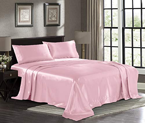 Satin Sheets King [4-Piece, Pink] Hotel Luxury Silky Bed Sheets - Extra Soft 1800 Microfiber Sheet Set, Wrinkle, Fade, Stain Resistant - Deep Pocket Fitted Sheet, Flat Sheet, Pillow Cases