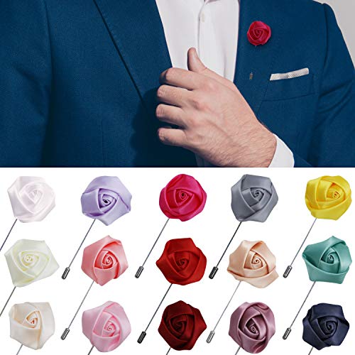 JLIKA Lapel Pins for Men Flower Pin Rose for Wedding Boutonniere Stick Boutineers (Set of 15 PINS) (Assorted Mix)