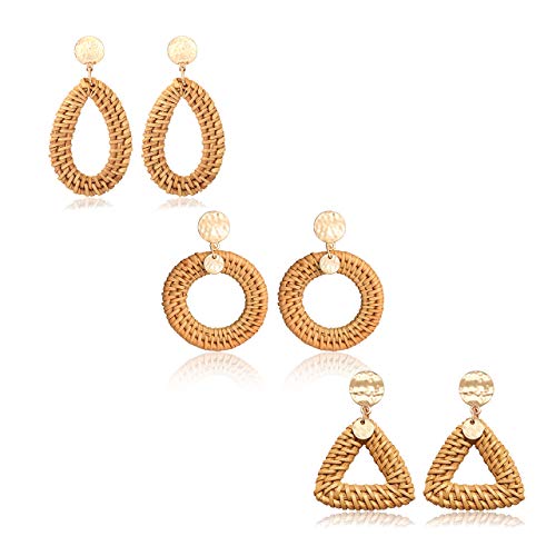 BSJELL Rattan Hoop Earrings Woven Handmade Straw Circle Drop Earrings Hammered Disc Stud Wicker Bohemian Lightweight Earrings for Women