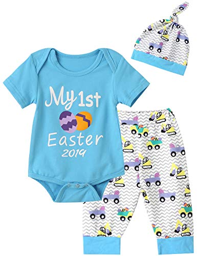 Truly One Baby Boys Girls My First Easter Gift Eggs Printed Bodysuit Pants with Hat (Blue02, 6-12 Months)