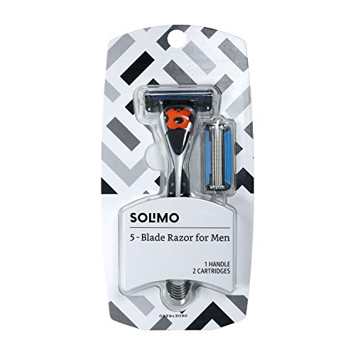 Book Cover Amazon Brand - Solimo 5-Blade MotionSphere Razor for Men with Dual Lubrication and Precision Beard Trimmer, Handle & 2 Cartridges (Cartridges fit Solimo Razor Handles only)