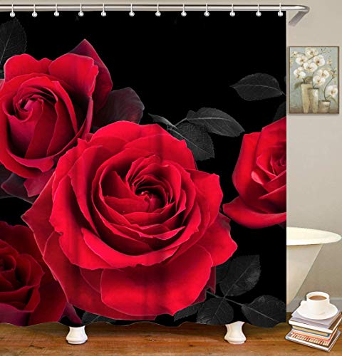 LIVILAN Rose Shower Curtain,Black and Red Bathroom Curtain Set with Hooks Romantic Floral Flower Decorative Pattern Machine Washable 72x72 Inches