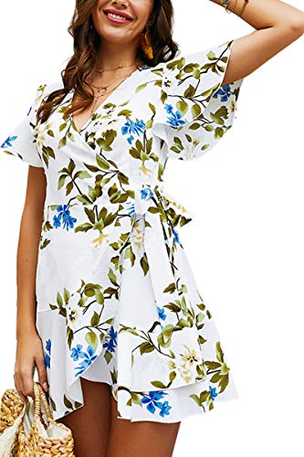 Angashion Women's Floral Short Sleeve Wrap V Neck Ruffle Mini Dress with Belt