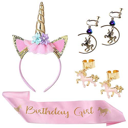 Unicorn Birthday Girl Set of Gold Glitter Unicorn Headband & Pink Satin Sash & Ear Clip, Happy Birthday Unicorn Party Supplies, Favors, Decorations