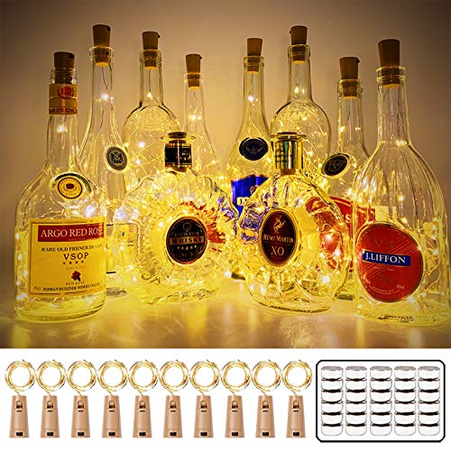 MUMUXI Wine Bottle Lights with Cork Switch [10 Pack] | Easy-to-Use 3.3ft 20 LED Bottle Lights | Universal Size Cork Lights for Wine Bottles Liquor Bottles Christmas Lights Indoor Outdoor, Warm White