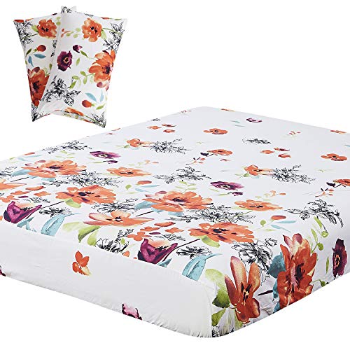 Book Cover Vaulia Lightweight Microfiber Sheets, Flower Printed Pattern, Red/Orange King Size, 3-Piece Set (1 Fitted Sheet, 2 Pillowcases)