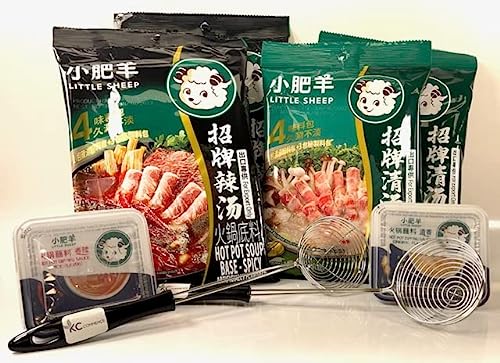 Book Cover Little Sheep Hot Pot Soup Base With Dipping Sauce And 2 pcs Strianer ladleCombo Set (Clear Broth & Spicy Pack of 4)