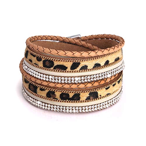 PHALIN Leather Wrap Bracelet for Women Crystal Wide Cuff Bracelets Multi-Layer Leopard Bangles Wristbands for Girls