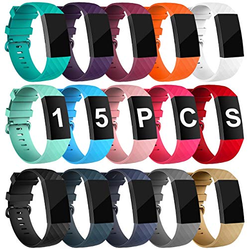 Velavior Bands Compatible with Fitbit Charge 3 and Charge 3 SE, Soft Sport Band Adjustable Waterproof Replacement Strap Wristbands Accessories for Fitbit Charge 3 Tracker Women Men (15 Pack, Small)