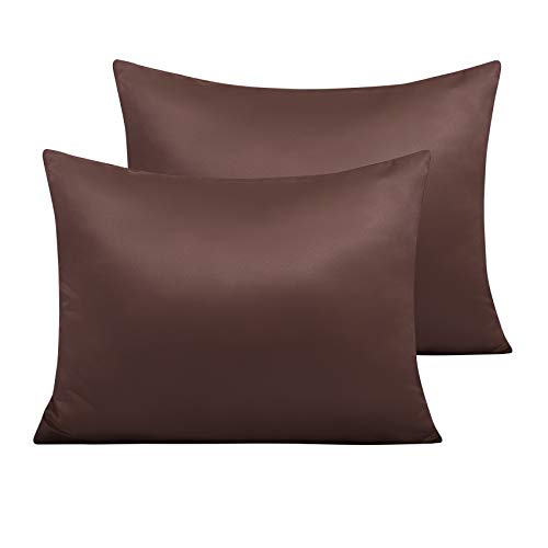 Book Cover NTBAY Zippered Satin Pillow Cases for Hair and Skin, Luxury Standard Hidden Zipper Pillowcases Set of 2, 20 x 26 Inches, Chocolate