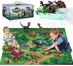 Book Cover TEMI Dinosaur Toy Figure w/ Activity Play Mat & Trees, Educational Realistic Dinosaur Playset to Create a Dino World Including T-Rex, Triceratops, Velociraptor, Perfect Gifts for Kids, Boys & Girls