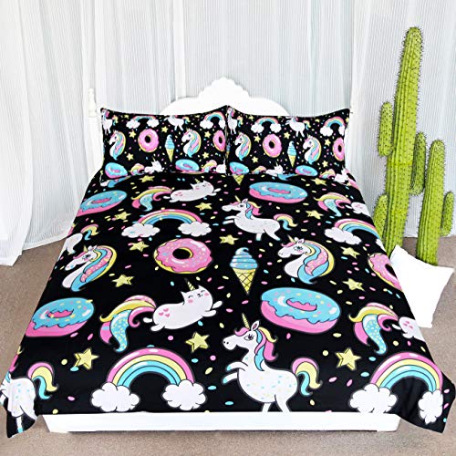 ARIGHTEX Chubby Unicorn Bedding Kids Girls Cute Unicorn in Rainbow Sprinkles Donut Pattern Duvet Cover 3 Piece College Dorm Sweet Bed Sets (Full)