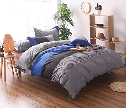 Striped Twin Duvet Cover Set (59x83 Inch), 2 Pieces Include 1 Blue Grey and Black Microfiber Duvet Cover Zipper Closure and 1 Multicolored Pillowcase, Bedding Set for Boys, Girls, Kids and Teens