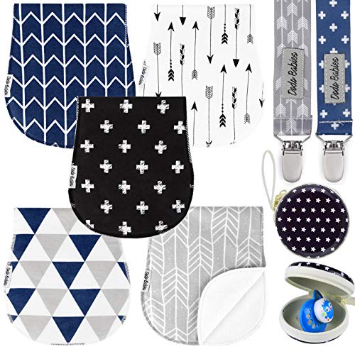 Baby Burp Cloths Pack of 5 by Dodo Babies + 2 Pacifier Clips + Pacifier Case in a Gift Bag, Premium Quality Unisex Boy or Girls Soft and Absorbent, Excellent Baby Shower/Registry Gift