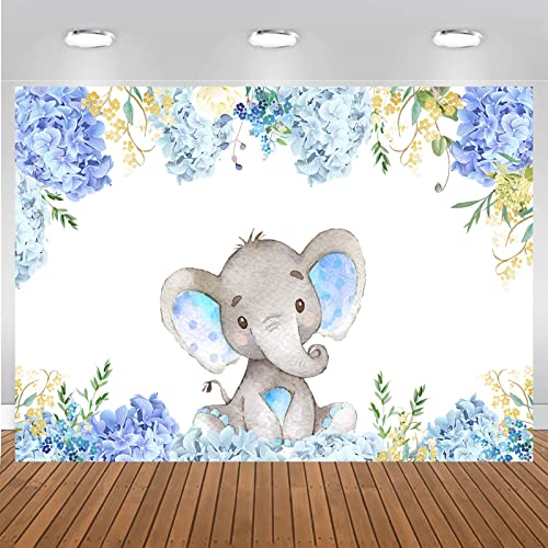 Mocsicka Boy Elephant Baby Shower Backdrop Light Blue Flower Elephant Photography Background 7x5ft Vinyl Elephant Birthday Party Banner Backdrops