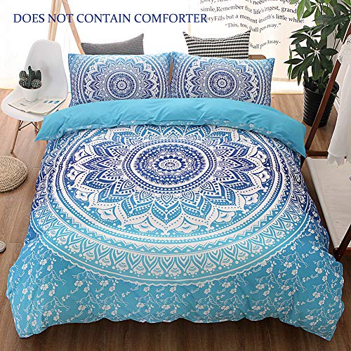 Book Cover QYsong Bohemian Mandala Duvet Cover Set Queen Size (90x90 Inch), 3pc Include 1 Blue Boho Chic Microfiber Duvet Cover Zipper Closure and 2 Pillowcases, Bedding Set for Boys, Girls, Kids and Teens