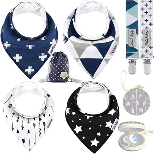 Dodo Babies Baby Bibs with Pacifier Clips and Case â€“ 4 Pcs Dribble Bibs for Newborn with 2 Pcs Pacifier Clips, Binky Case and Storage Bag â€“ Premium Quality â€“ Ideal for Baby Shower, Registry