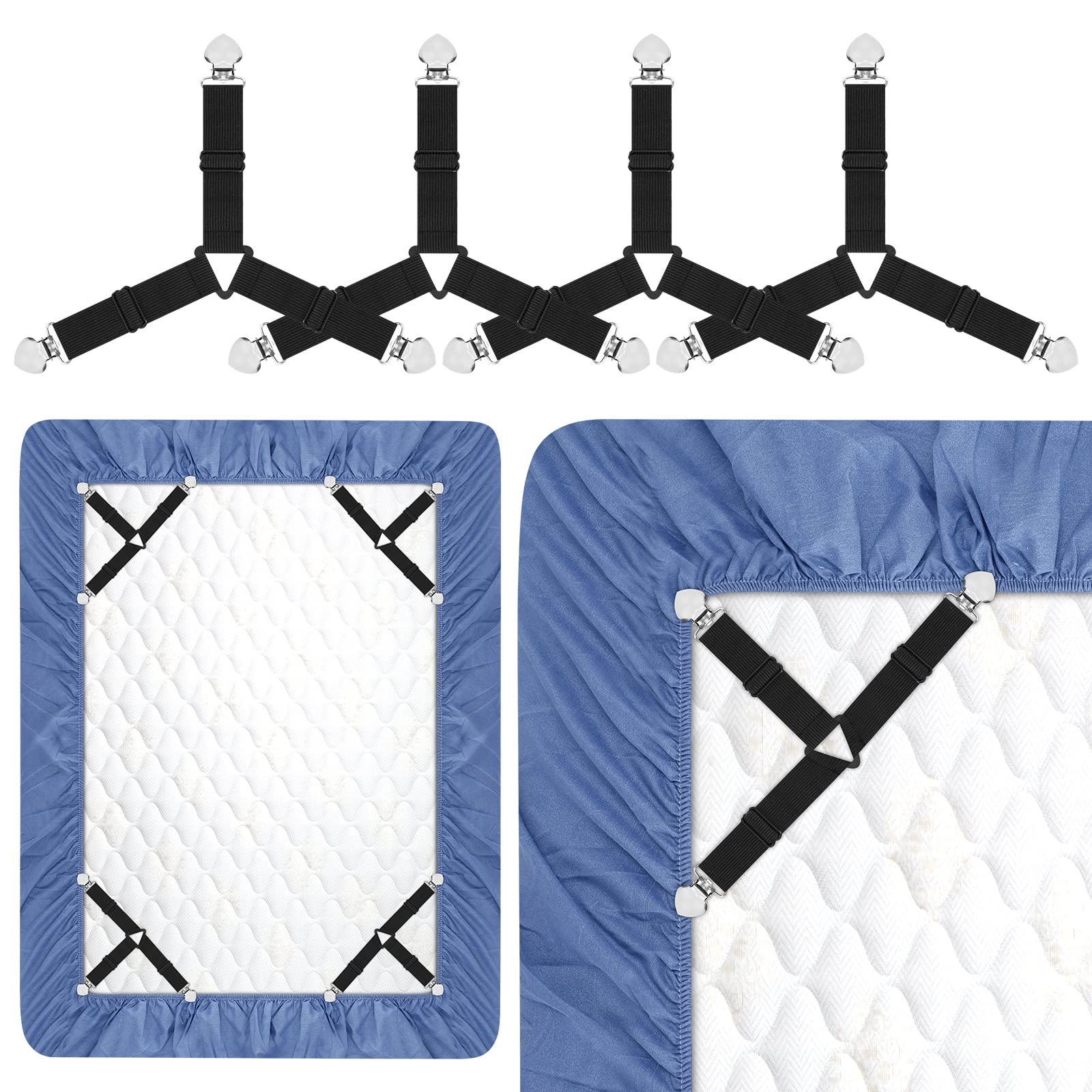 Book Cover Bed Sheet Holder Straps, Rareccy Adjustable Bed Sheet Fastener and Triangle Elastic Mattress Sheet Clips Suspenders Grippers Fasteners Heavy Duty Keeping Sheets Place for Bedding Mattress (4 PCS)