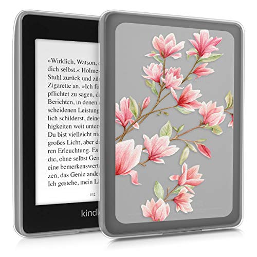 kwmobile Case Compatible with Amazon Kindle Paperwhite (10. Gen - 2018) - TPU Silicone eBook Cover - Magnolias Light Pink/White/Transparent
