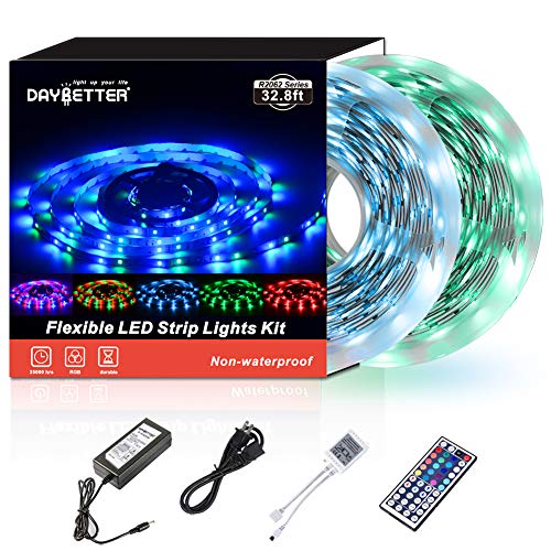Book Cover Led Strip Lights 32.8ft 10m 600LEDs Non Waterproof Flexible Color Changing RGB SMD 3528 LED Strip Light Kit with 44 Keys IR Remote Controller and 12V Power Supply NO White Color