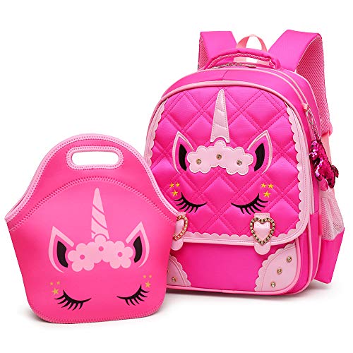 Moonmo Cute Unicorn Face Diamond Bling Waterproof Pink School Backpack Set Girls Book Bag (Large, Rose Set)