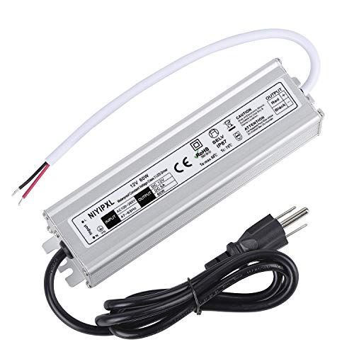 LED Driver 60 Watts Waterproof IP67 Power Supply Transformer Adapter 100V-265V AC to 12V DC Low Voltage Output with 3-Prong Plug 3.3 Feet Cable for LED Light, Computer Project, Outdoor Light
