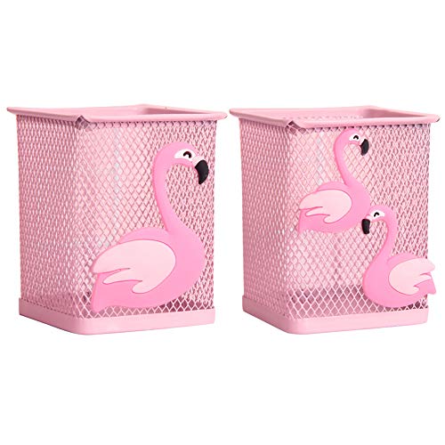 Trycooling 2 Pack Metal Cute Pen Pencil Holder Office Home Desk Square Pencil Cup Caddy Box Makeup Brush Holders for Girls (Flamingo)