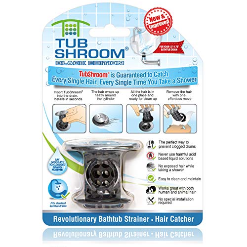 TubShroom Chrome Edition Revolutionary Tub Drain Protector Hair Catcher, Strainer, Snare, Black