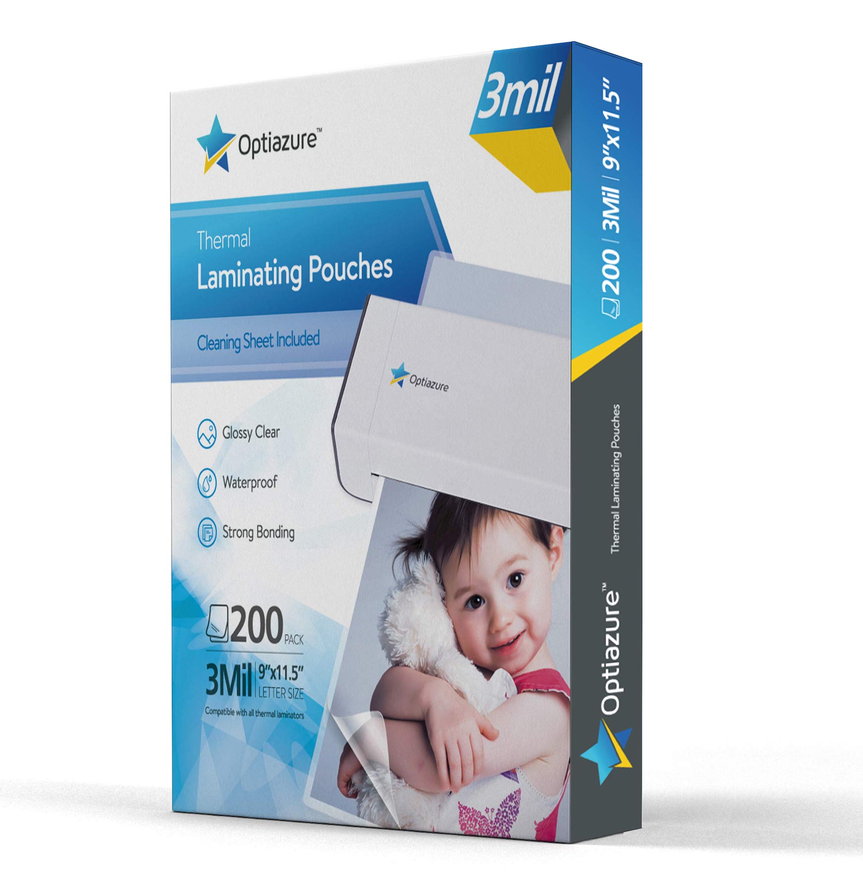 Optiazure Thermal Laminating Pouches 9"x11.5" Inches, 3mil 200Pack, Laminated Paper, Clear, Letter Size, Office and School Supplies 3mil 200PK