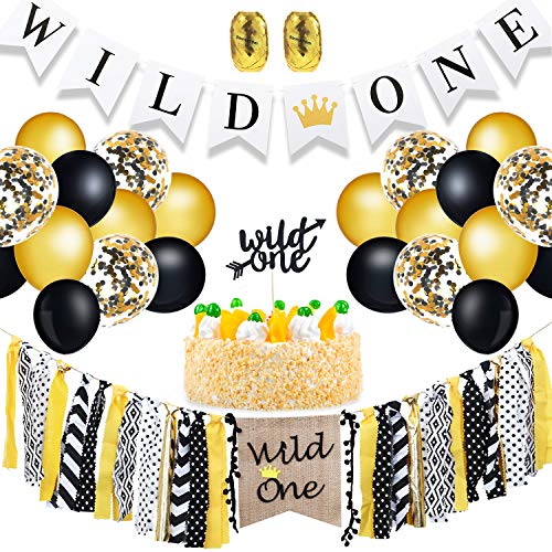 Book Cover Zhanmai Wild One Banners Highchair Banner Cake Toppers and 50 Pieces Gold Black Confetti Balloons Latex Balloons for 1st Birthday Party Decorations