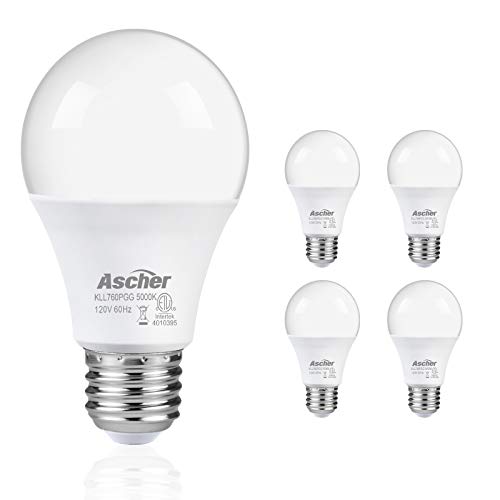 Dusk to Dawn A19 LED Bulbs(Auto on/Off), 60 Watt Equivalent, 4 Pack Ascher Sensor Lights Bulb, Daylight White 5000K, E26 Base, Indoor/Outdoor Security Lighting for Yard Porch Hallway Garage Garden
